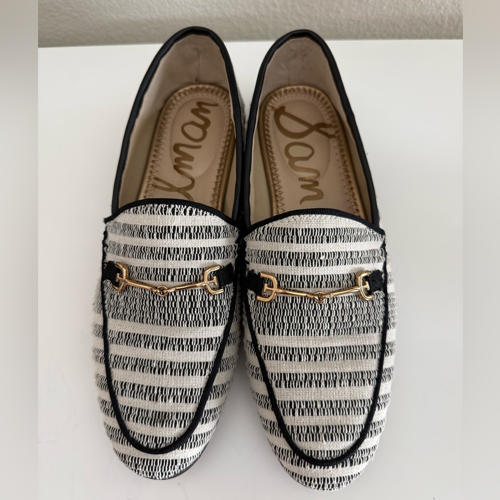 Sam Edelman Black & White Striped Slip-On Loafers with Gold Bit